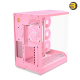 HYTE Y50 RGB Strawberry Milk Soft Pink dual chamber ATX PC case with 3-piece panoramic tempered glass, included 360mm single-frame ARGB fan, and rear-connect motherboard support
