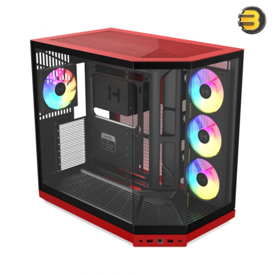 HYTE Y50 RGB Black Cherry dual chamber ATX PC case with 3-piece panoramic tempered glass, included 360mm single-frame ARGB fan, and rear-connect motherboard support