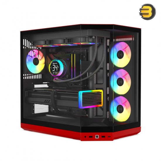 HYTE Y50 RGB Black Cherry dual chamber ATX PC case with 3-piece panoramic tempered glass, included 360mm single-frame ARGB fan, and rear-connect motherboard support