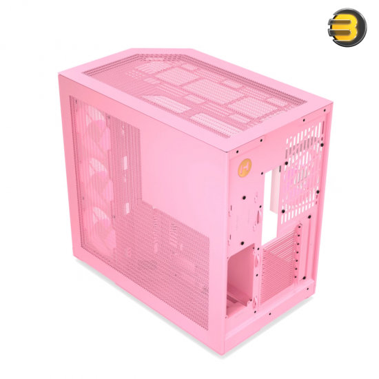 HYTE Y50 RGB Strawberry Milk Soft Pink dual chamber ATX PC case with 3-piece panoramic tempered glass, included 360mm single-frame ARGB fan, and rear-connect motherboard support