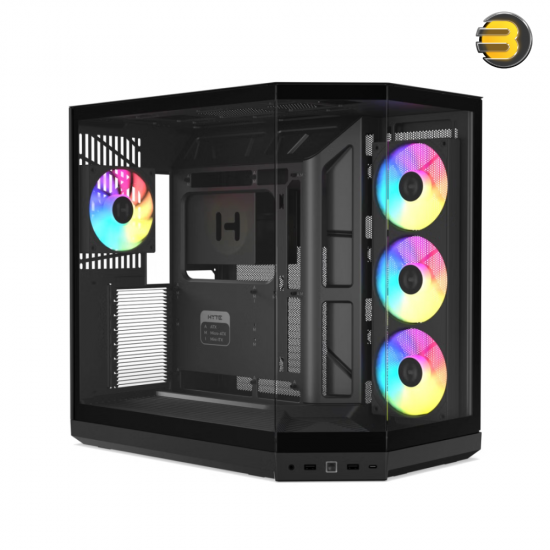 HYTE Y50 RGB Pitch Black dual chamber ATX PC case with 3-piece panoramic tempered glass, included 360mm single-frame ARGB fan, and rear-connect motherboard support