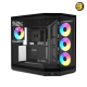 HYTE Y50 RGB Pitch Black dual chamber ATX PC case with 3-piece panoramic tempered glass, included 360mm single-frame ARGB fan, and rear-connect motherboard support