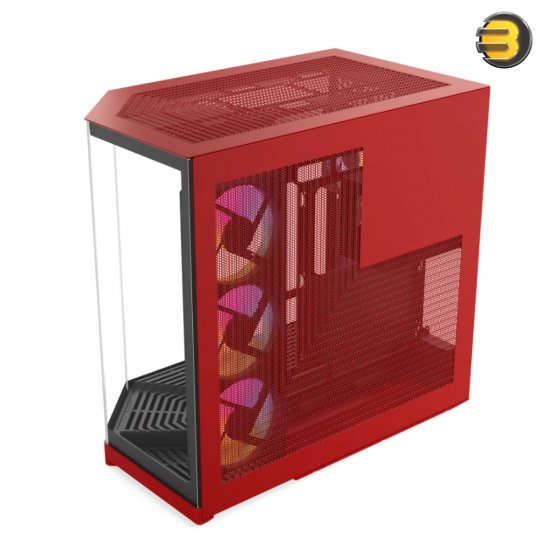 HYTE Y50 RGB Black Cherry dual chamber ATX PC case with 3-piece panoramic tempered glass, included 360mm single-frame ARGB fan, and rear-connect motherboard support