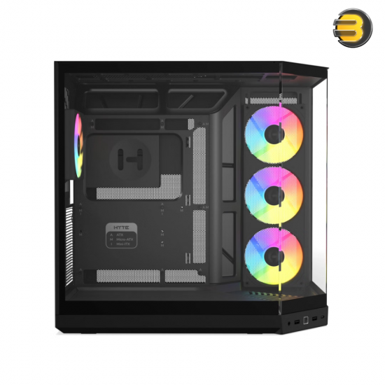 HYTE Y50 RGB Pitch Black dual chamber ATX PC case with 3-piece panoramic tempered glass, included 360mm single-frame ARGB fan, and rear-connect motherboard support