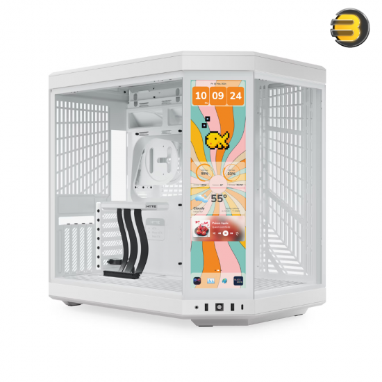 HYTE Y70 Touch Infinite ATX Dual-Chamber Snow White Case, 14.9 Inch Integrated 2.5K IPS Multi-Touch LCD — Panoramic Tempered Glass, 4-Slot Vertical GPU Mount, Up to 10 Fans, PCIe 4.0 Riser Included, Advanced Cable Management, Massive Cooling Support