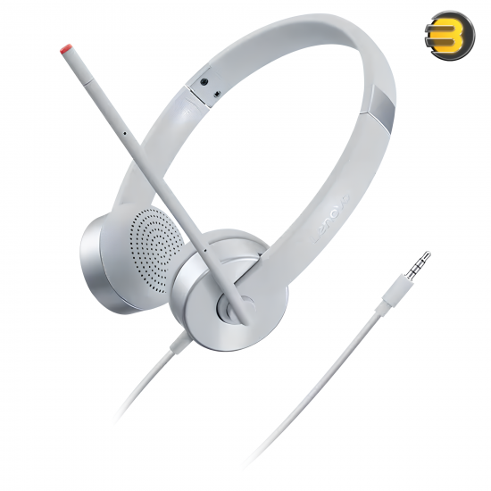 Lenovo 100 Stereo Analog Headset GXD1B60597 Silver — Binaural Over-Ear Design, 3.5mm Audio Jack, 1.2m Cable, 2x30mm Drivers, 20Hz – 20kHz Frequency, 32Ω Impedance, 98±3dB Sensitivity, Includes Microphone, Lightweight 0.11kg, Plug-and-Play for All OS.