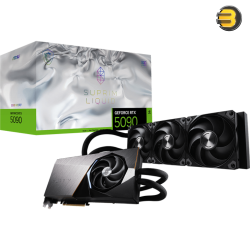 MSI RTX 5090 32G SUPRIM LIQUID SOC GPU — PCIe 5.0 x16, Blackwell Arch, 21760 CUDA Cores, 512-bit, 28Gbps, Boost 2527MHz (Extreme via MSI Center), Hybrid Liquid Cooling 360mm, 3x DP 2.1, HDMI 2.1b, 280mm Length, Model G5090-32SLS