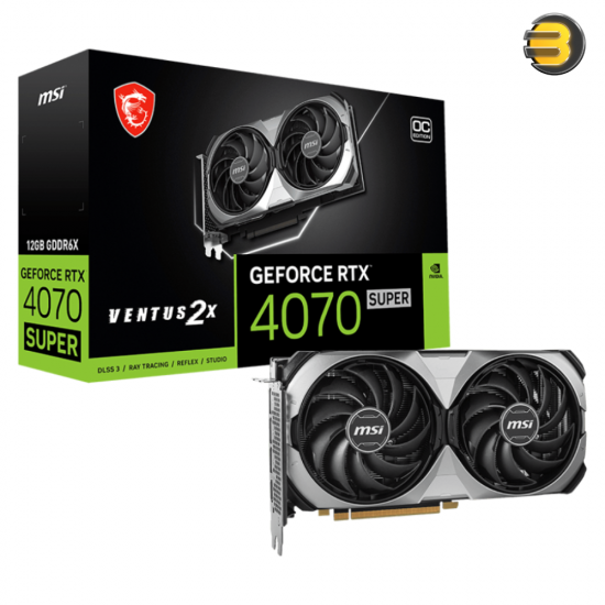 MSI GeForce RTX 4070 SUPER 12G VENTUS 2X OC Graphics Card — NVIDIA GeForce RTX 4070 SUPER GPU, 12GB GDDR6X VRAM, 7168 CUDA Cores, 192-bit Memory Interface, Boost Clock ~2520 MHz, PCIe 4.0, Dual Fan Cooling, 1x 16-pin Power Connector, HDMI 2.1, 3x DisplayP