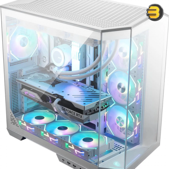 MSI MAG PANO 100L PZ White Mid-Tower Case — ABS/SPCC, 270° Panoramic Glass, ATX/mATX/ITX Support (Regular & Back-Connect), GPU up to 380mm, CPU Cooler 166mm, USB 3.2 Gen2x2 Type-C, 8 Slots, 3x 120/140mm Top Fans, 2x 2.5"/3.5" Bays MSI MAG PANO 100L PZ White Mid-Tower Case — ABS/SPCC, 270° Panoramic Glass, ATX/mATX/ITX Support (Regular & Back-Connect), GPU up to 380mm, CPU Cooler 166mm, USB 3.2 Gen2x2 Type-C, 8 Slots, 3x 120/140mm Top Fans, 2x 2.5"/3.5" Bays