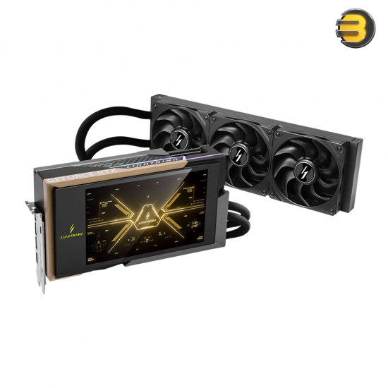 MSI RTX 5090 Lightning Z 32GB liquid cooled graphics card with radiator and RGB display