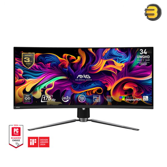 MSI MAG341CQP QD-OLED, 34 Curved OLED Gaming Monitor, 3440 x 1440 (UWQHD), OLED 0.03ms Response time, 175Hz, True Black HDR 400, HDMI, DP Port, USB Type C, Tilt, Height,Black