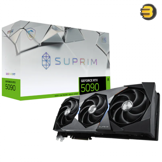 MSI RTX 5090 SUPRIM SOC 32GB GDDR7 graphics card with triple fan cooling design