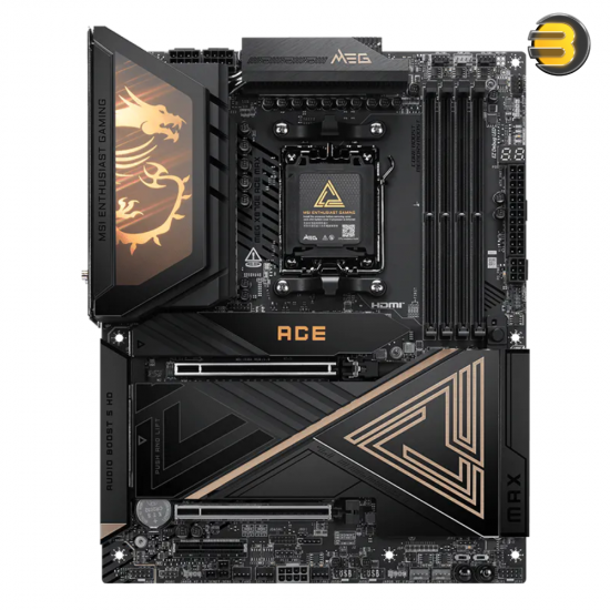 MSI MEG X870E ACE MAX motherboard with AM5 socket, DDR5 slots, dual LAN, Wi-Fi 7 and USB4 ports