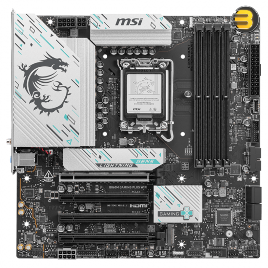 MSI B860M GAMING PLUS WIFI, M-ATX LGA1851 Intel B860 Chipset — DDR5 Support up to 8800+ MHz (OC), PCIe 5.0 x16, 3x M.2 NVMe Slots, Wi-Fi 7, 5Gbps LAN, USB 3.2 Gen 2x2 Type-C, Realtek ALC897 Audio, Advanced VRM Cooling, Compact Gaming Motherboard