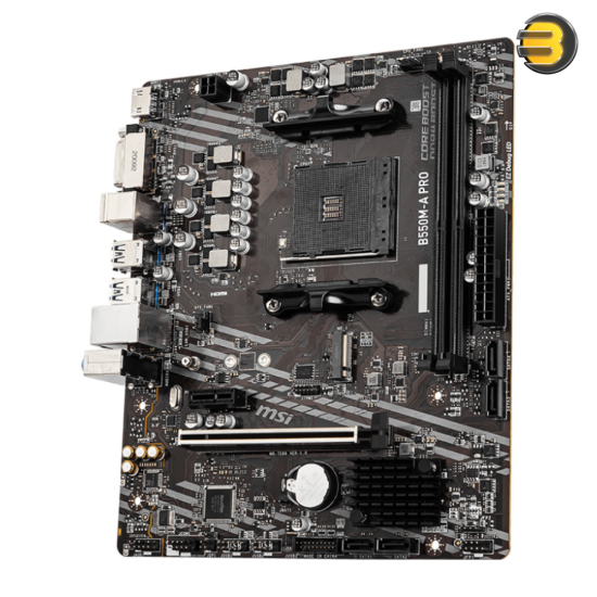 MSI B550M-A PRO Micro-ATX Motherboard AMD Socket AM4 AMD B550 Chipset — Supports Ryzen 5000/4000/3000 Series CPUs (excluding Ryzen 5 3400G & 3 3200G), 2x DDR4 Slots up to 64GB 4600 MHz (OC), PCIe 4.0 x16, 1x M.2 PCIe 4.0 Slot, 4x SATA 6Gb/s, Realtek A