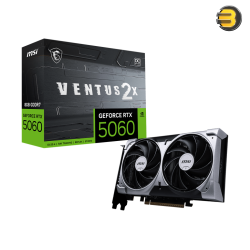 MSI GeForce RTX 5060 8G VENTUS 2X OC 8GB GDDR7 — 3840 CUDA Cores, 2535 MHz Boost Clock (MSI Center), PCIe 5.0, 128-bit Memory Bus, HDMI 2.1b, 3x DisplayPort 2.1b, Dual Axial-tech Fans, Compact 2-slot Design, Overclocked Edition
