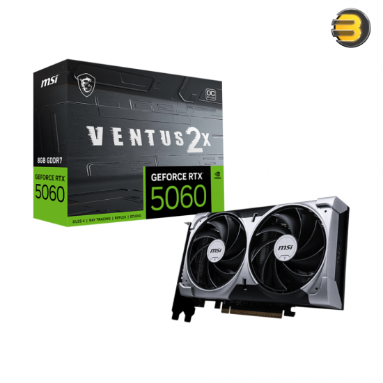 MSI GeForce RTX 5060 8G VENTUS 2X OC 8GB GDDR7 — 3840 CUDA Cores, 2535 MHz Boost Clock (MSI Center), PCIe 5.0, 128-bit Memory Bus, HDMI 2.1b, 3x DisplayPort 2.1b, Dual Axial-tech Fans, Compact 2-slot Design, Overclocked Edition