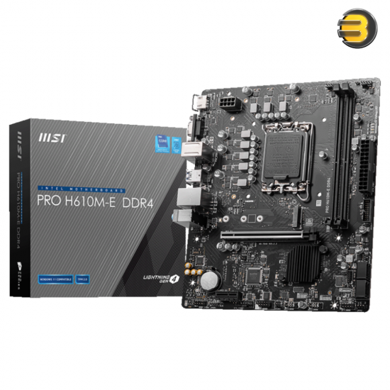 MSI PRO H610M-E DDR4 Motherboard, Micro-ATX - Supports Intel 12th Gen Core Processors, LGA 1700-2 x DIMMs (3200MHz), 1x PCIe 4.0 x16 Slot, 1 x M.2 Gen3, USB 3.2 Gen1, 1G LAN, HDMI 1.4 & VGA