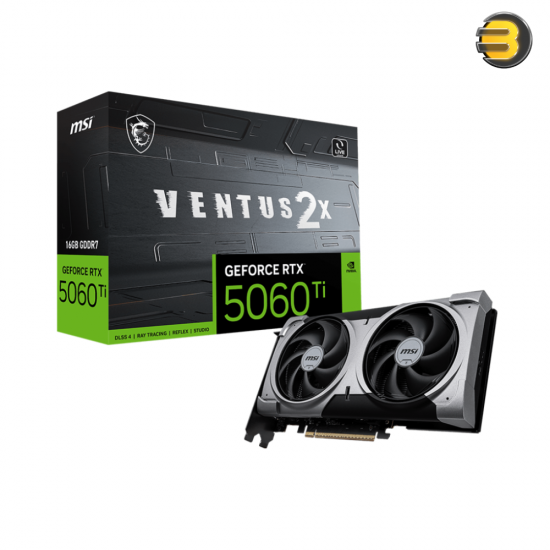 MSI GeForce RTX 5060 Ti 16G VENTUS 2X PLUS Graphics Card — NVIDIA Blackwell Architecture, 4608 CUDA Cores, 16GB GDDR7 128-bit Memory at 28 Gbps, Boost Clock up to 2617 MHz, PCIe Gen 5 x16 (x8), Dual-Fan STORMFORCE Cooling, 3x DisplayPort 2.1b, 1x HDMI 2.1