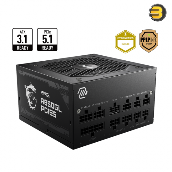 MSI MAG A850GL PCIE5 – 850W ATX 3.1 Fully Modular PSU, PCIe 5.1 Ready, 80 Plus Gold, 120mm FDB Fan, Active PFC & Advanced Protections