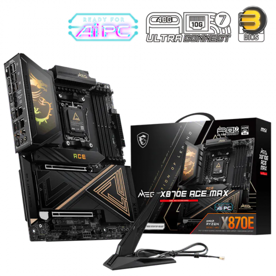 MSI MEG X870E ACE MAX motherboard with AM5 socket, DDR5 slots, dual LAN, Wi-Fi 7 and USB4 ports
