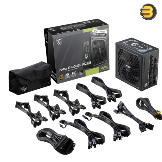 MSI MAG A1000GL PCIE5 1000W Power Supply — 80 PLUS Gold Certified, Fully Modular ATX 3.1 PSU, Single +12V Rail, 135mm Fluid Dynamic Bearing Fan, PCIe 5.1 16-Pin (600W) Connector, 4x PCIe 6+2 Pin, 12x SATA Power Connectors, Advanced Protection