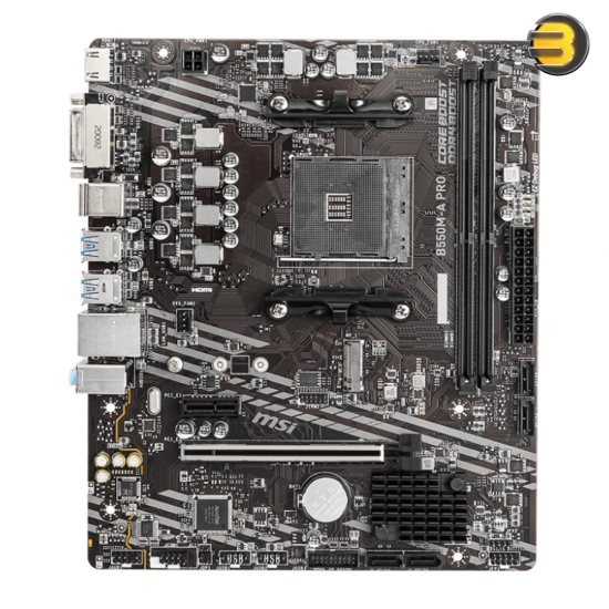 MSI B550M-A PRO Micro-ATX Motherboard AMD Socket AM4 AMD B550 Chipset — Supports Ryzen 5000/4000/3000 Series CPUs (excluding Ryzen 5 3400G & 3 3200G), 2x DDR4 Slots up to 64GB 4600 MHz (OC), PCIe 4.0 x16, 1x M.2 PCIe 4.0 Slot, 4x SATA 6Gb/s, Realtek A