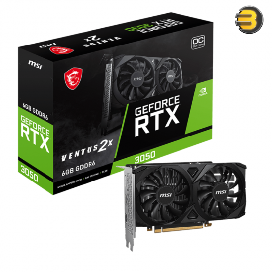 MSI GeForce RTX 3050 VENTUS 2X 6G OC Graphics Card – 6 GB GDDR6, 2304 CUDA Cores, Boost 1492 MHz, PCIe 4.0, Dual-Fan Cooling, HDMI 2.1 & DisplayPort 1.4a