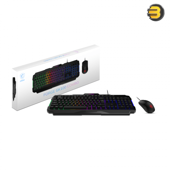 MSI FORGE GK100 COMBO Gaming Keyboard and Mouse Set — Mechanical-Style Keyboard with 19-Key Anti-Ghosting, Over 10 Million Key Actuations, Adjustable Tilt Feet, RGB Lighting; Ambidextrous Optical Mouse with 6400 DPI, 4 DPI Presets, RGB Lighting