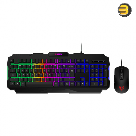 MSI FORGE GK100 COMBO Gaming Keyboard and Mouse Set — Mechanical-Style Keyboard with 19-Key Anti-Ghosting, Over 10 Million Key Actuations, Adjustable Tilt Feet, RGB Lighting; Ambidextrous Optical Mouse with 6400 DPI, 4 DPI Presets, RGB Lighting