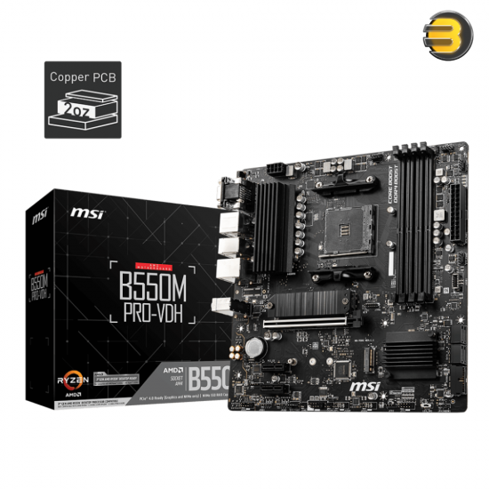 MSI B550M PRO-VDH Micro-ATX Motherboard AMD Socket AM4 AMD B550 Chipset — Supports AMD Ryzen 3000/4000/5000 Series CPUs, 4x DDR4 DIMM up to 128GB 4400(OC) MHz, PCIe 4.0 x16, 2x PCIe 3.0 x1, 2x M.2 Slots (1x PCIe 4.0, 1x PCIe 3.0), 4x SATA 6Gb/s, Realtek 8