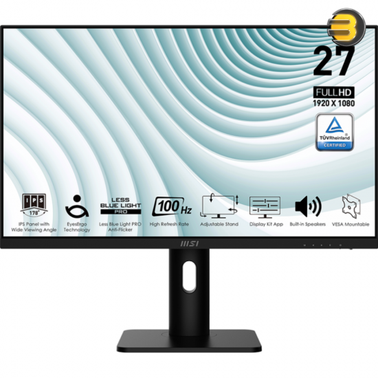 MSI PRO MP273AP 27 FHD 1920x1080 IPS Business Monitor — 100Hz Refresh Rate, 1ms MPRT Response, Adaptive-Sync, TÜV Eye Comfort, Anti-Glare, 2x 3W Speakers, DisplayPort 1.2a, HDMI 1.4b, VGA, Height/Tilt/Swivel/Pivot Adjust, VESA Mount
