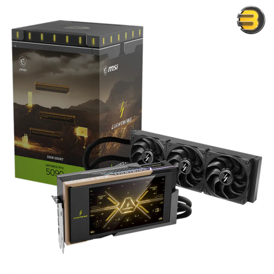 MSI RTX 5090 Lightning Z 32GB liquid cooled graphics card with radiator and RGB display