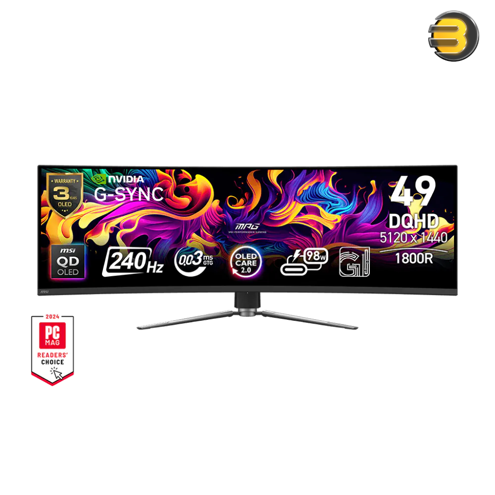 MSI MPG 491CQPX 49'' QD-OLED Monitor – DQHD 5120×1440 & 240Hz — 0.03ms Response, HDR True Black 400 & 99% DCI-P3 Color Gamut