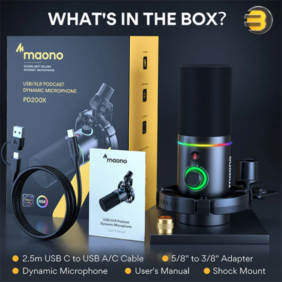 MAONO PD200X USB/XLR Dynamic Microphone – Cardioid Pattern, 24-Bit/48kHz, Metal Build, Multi-Connector Support MAONO PD200X USB/XLR Dynamic Microphone – Cardioid Pattern, 24-Bit/48kHz, Metal Build, Multi-Connector Support