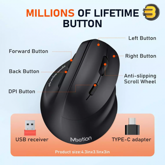 Meetion BTM010L Right-Handed Wireless Mouse – Ergonomic & 2400 DPI