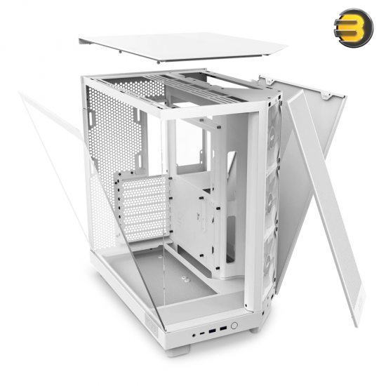 NZXT H6 Flow RGB White compact dual-chamber mid-tower PC case with ultra-clear tempered glass, angled front-right F120 RGB Core fans, and 91mm cable management clearance