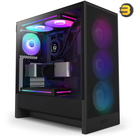 NZXT H5 Flow RGB Black compact mid-tower PC case with ultra-clear tempered glass, included F360 RGB Core front fan, and high-performance mesh filters