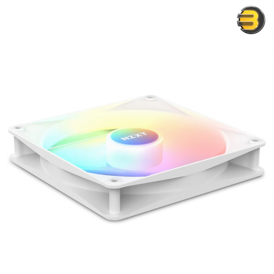 NZXT F120 RGB Core 120mm White case fan with hub-mounted addressable RGB LEDs, fluid dynamic bearing, and 4-pin PWM control for optimal airflow