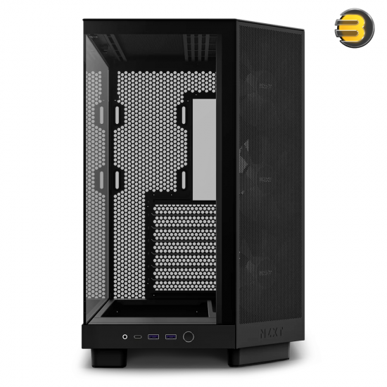 NZXT H6 Flow RGB Black compact dual-chamber mid-tower PC case with ultra-clear tempered glass, angled front-right F120 RGB Core fans, and 91mm cable management clearance