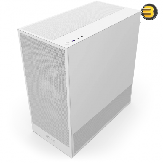 NZXT H5 Flow RGB White compact mid-tower PC case with ultra-clear tempered glass, included F360 RGB Core front fan, and high-performance mesh filters