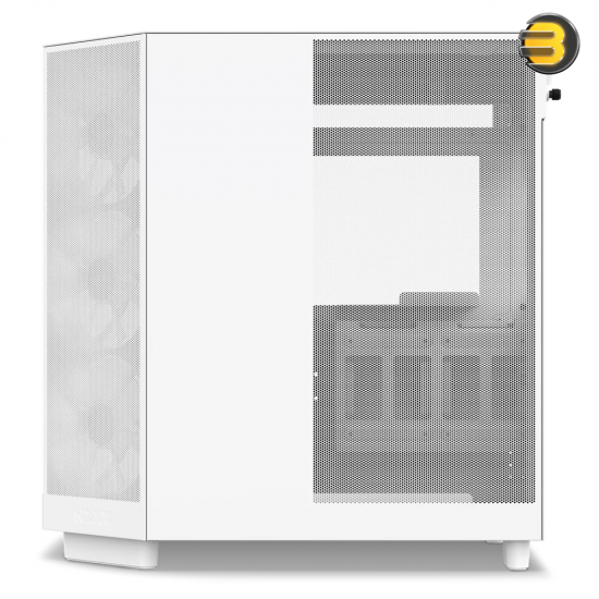 NZXT H6 Flow RGB White compact dual-chamber mid-tower PC case with ultra-clear tempered glass, angled front-right F120 RGB Core fans, and 91mm cable management clearance