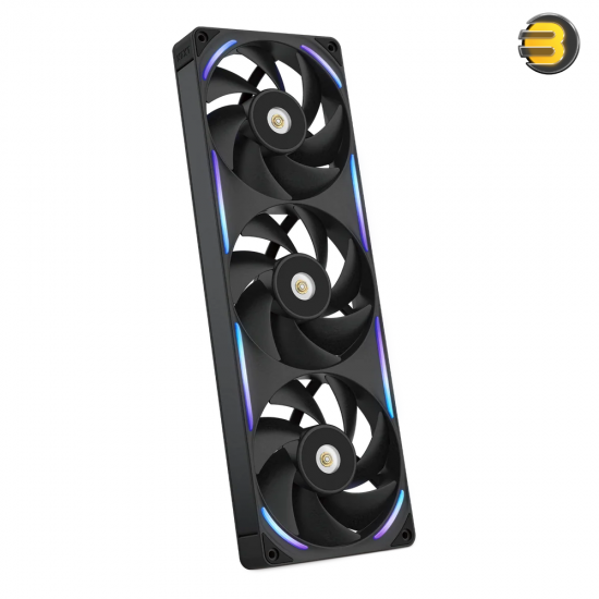 NZXT F360X 360mm performance RGB single-frame fan in matte black with brushed aluminum accents, 30mm thick profile, and LCP blades for high static pressure