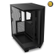 NZXT H6 Flow RGB Black compact dual-chamber mid-tower PC case with ultra-clear tempered glass, angled front-right F120 RGB Core fans, and 91mm cable management clearance