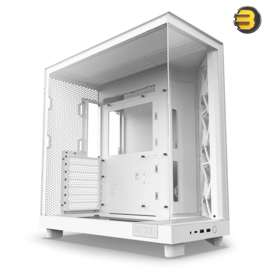NZXT H6 Flow RGB White compact dual-chamber mid-tower PC case with ultra-clear tempered glass, angled front-right F120 RGB Core fans, and 91mm cable management clearance