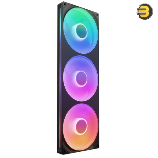 NZXT F420 RGB Core 420mm single-frame RGB case fan unit in matte black with hub-mounted addressable LEDs, fluid dynamic bearing, and single-cable PWM setup