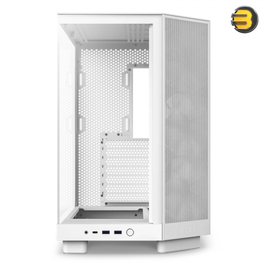 NZXT H6 Flow RGB White compact dual-chamber mid-tower PC case with ultra-clear tempered glass, angled front-right F120 RGB Core fans, and 91mm cable management clearance