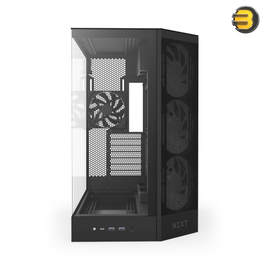 NZXT H9 Flow RGB Black large dual-chamber mid-tower PC case with dark tinted tempered glass, F420 RGB Core front fan, and back-connect ATX motherboard support