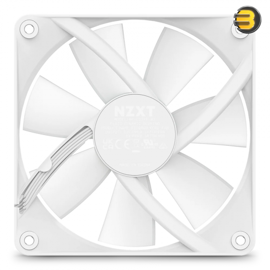 NZXT F120 RGB Core 120mm White case fan with hub-mounted addressable RGB LEDs, fluid dynamic bearing, and 4-pin PWM control for optimal airflow