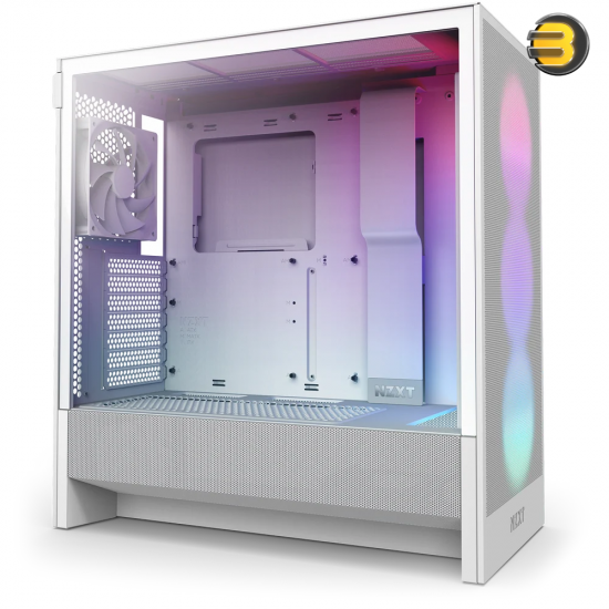 NZXT H5 Flow RGB White compact mid-tower PC case with ultra-clear tempered glass, included F360 RGB Core front fan, and high-performance mesh filters